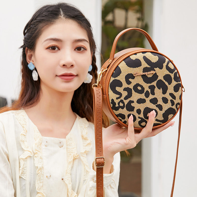 Wholesale PU Leopard Handle Shoulder Small Round Bag